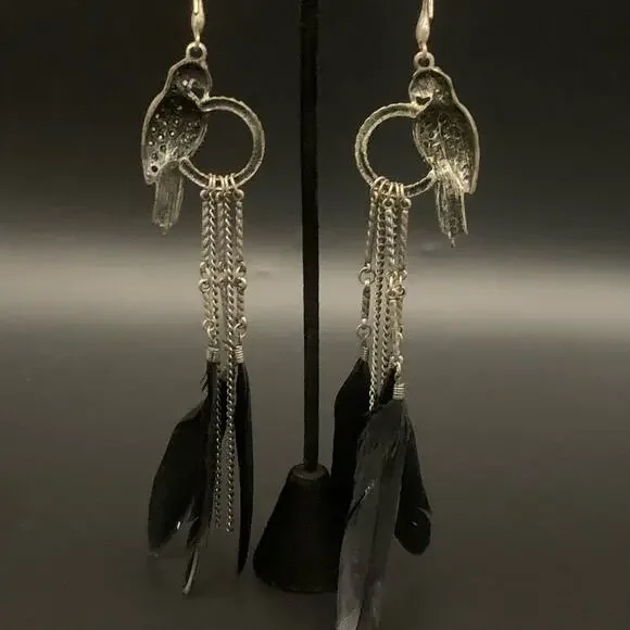 Parrot Black Feather Chandelier Dangle Statement Earrings Rhinestone Chain Link - Picture 8 of 11